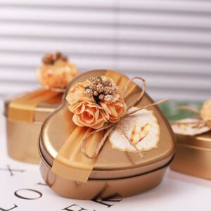 Custom Small Mint Golden Heart Shape Valentine Surprise Wedding Metal Tin Chocolate Candy Sweet Box with Flower Ribbon