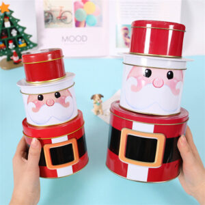 Santa Claus Tin Box Snowman Round Cookie Candy Storage Three-Layer Christmas Gift Tin Holders Box With Lids