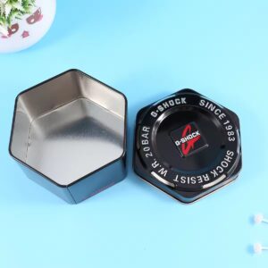 Custom Logo Gift Display Oem Packaging Watch Storage Box Luxury Black Hexagon Fossil Black Metal Tin Box