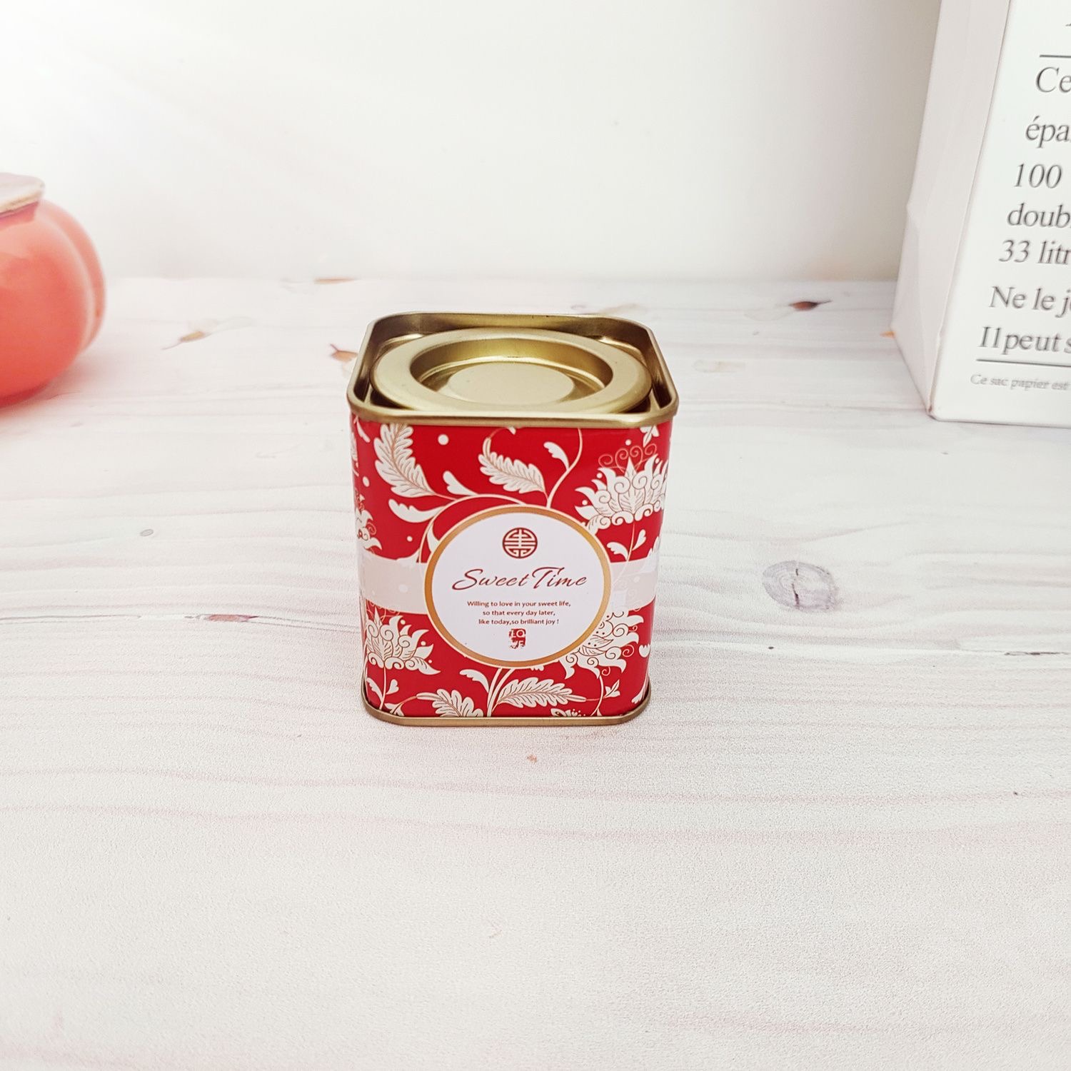 Square Tea Tin Can with Round Lever Lid